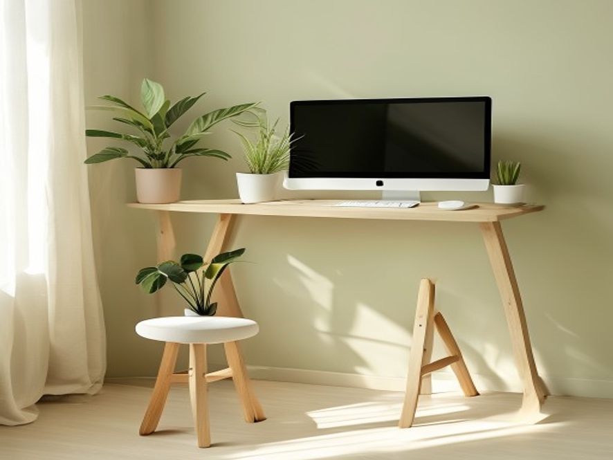 Ergonomisk arbejdsbord med stol, potteplante og computer